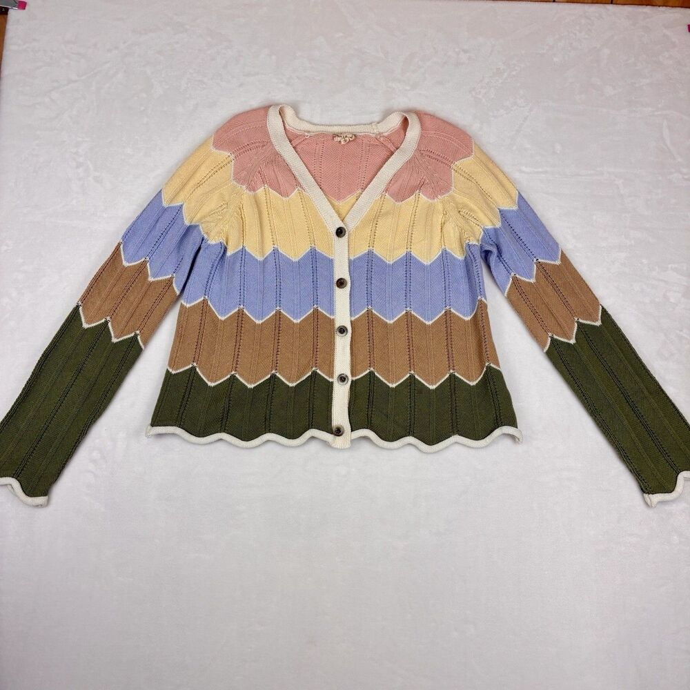 Hem & Thread Crochet Cardigan Women’s Large Colorful Long Sleeve Retro 70’s Vibe